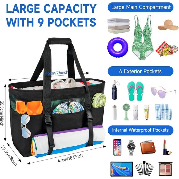 Women's Black with Front Buckles Mesh Beach Tote Waterproof Sandproof Beach Bag - Picture 2 of 8